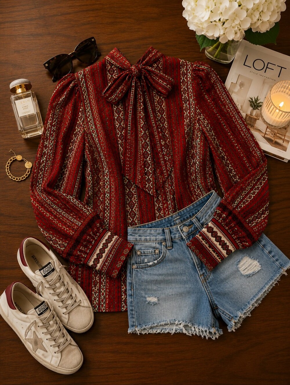 LOFT Bow Tie Neck Blouse | XL | Red Boho Print | Long Sleeve | Like New | Boho - Picture 5 of 11